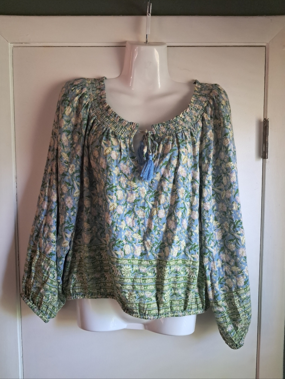 Lucky Brand Boho Floral Peasant Top in Light Blue and Green